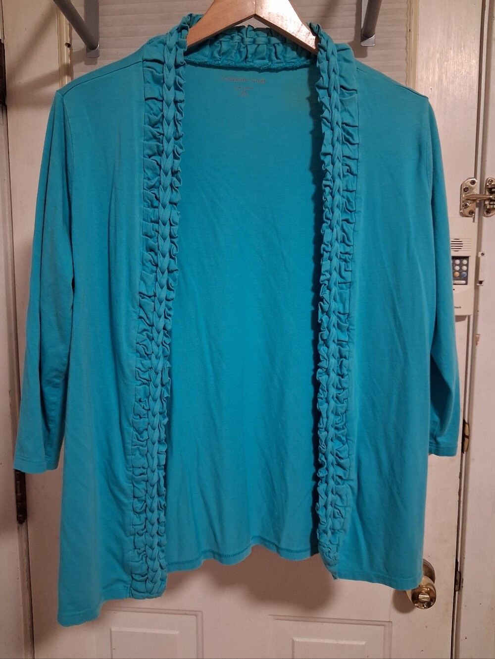 Coldwater Creek Teal Ruffle-Trim Open Cardigan ¾ Sleeves